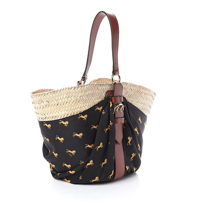 Chloe Smooth Calfskin Raffia Little Horses Medium Panier Basket Black Yellow 2 of 6