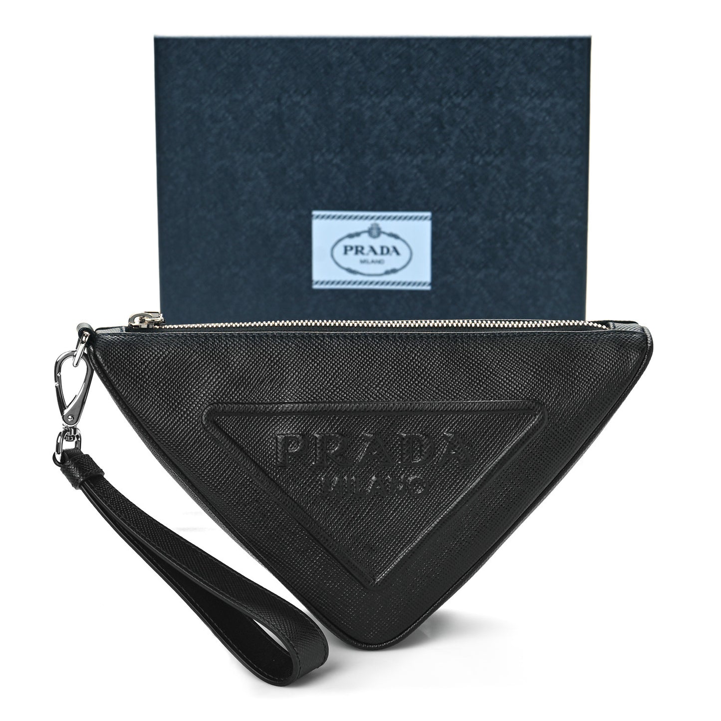 Saffiano Cuir Triangle Logo Embossed Triangle Wristlet Black