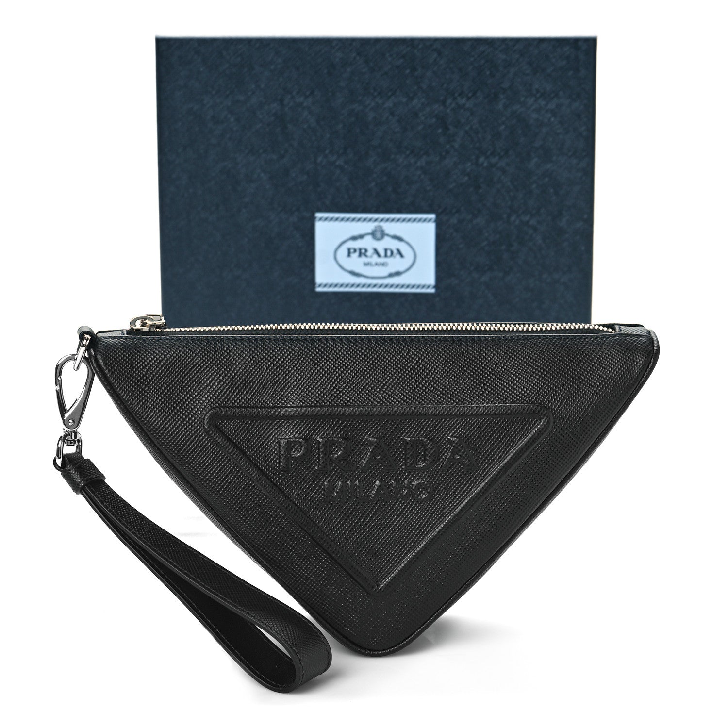 Prada Saffiano Cuir Triangle Logo Embossed Triangle Wristlet Black 8 of 8