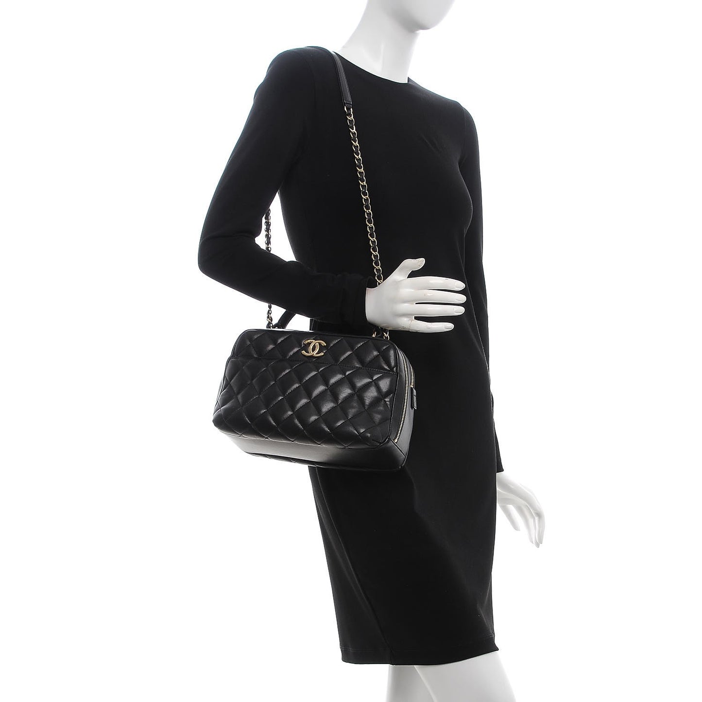 Lambskin Quilted Medium Trendy CC Bowling Bag Black