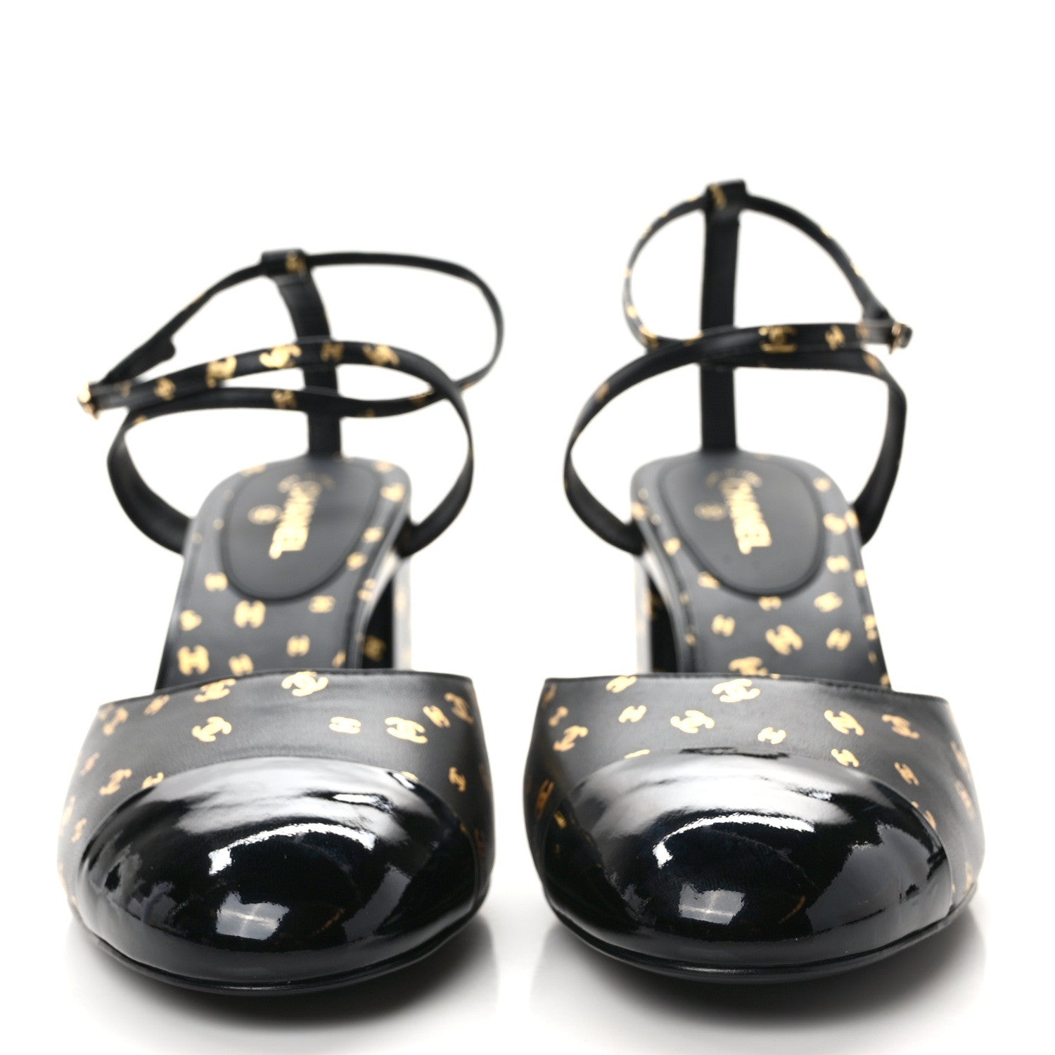 Chanel Printed Lambskin Patent Calfskin CC Slingbacks 41 Black Gold 2 of 9