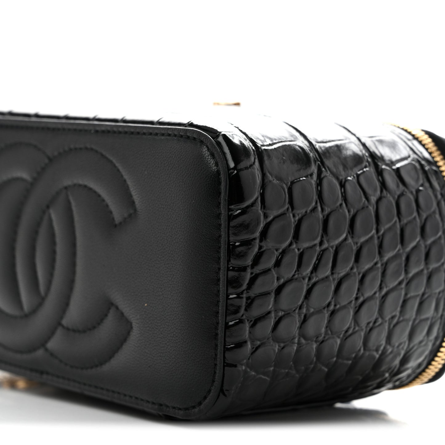 Calfskin Crocodile Embossed Exoticoco Small Top Handle Vanity Case With Chain Black