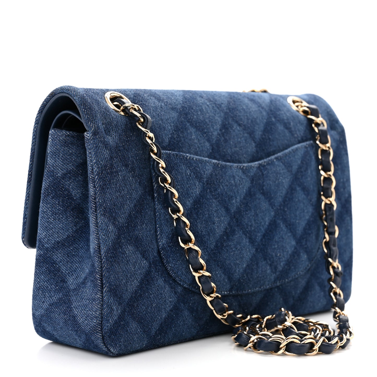 Printed Denim Quilted Medium Double Flap Dark Blue