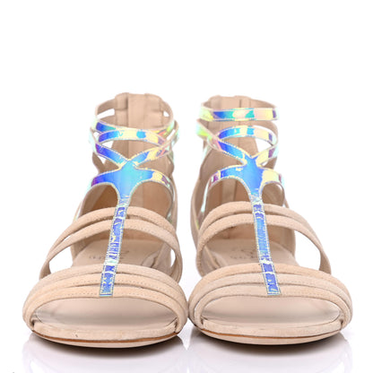Chanel Suede Iridescent Patent Caged Sandals 37.5 Beige 2 of 4