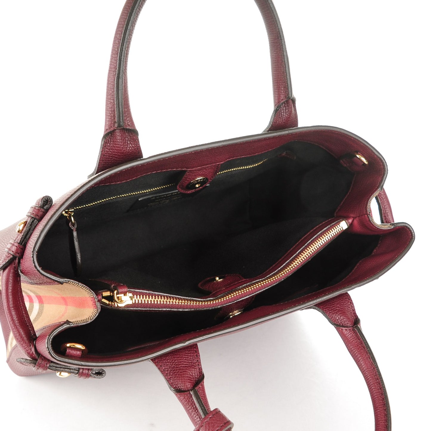 Calfskin House Check Medium Banner Tote Mahogany Red