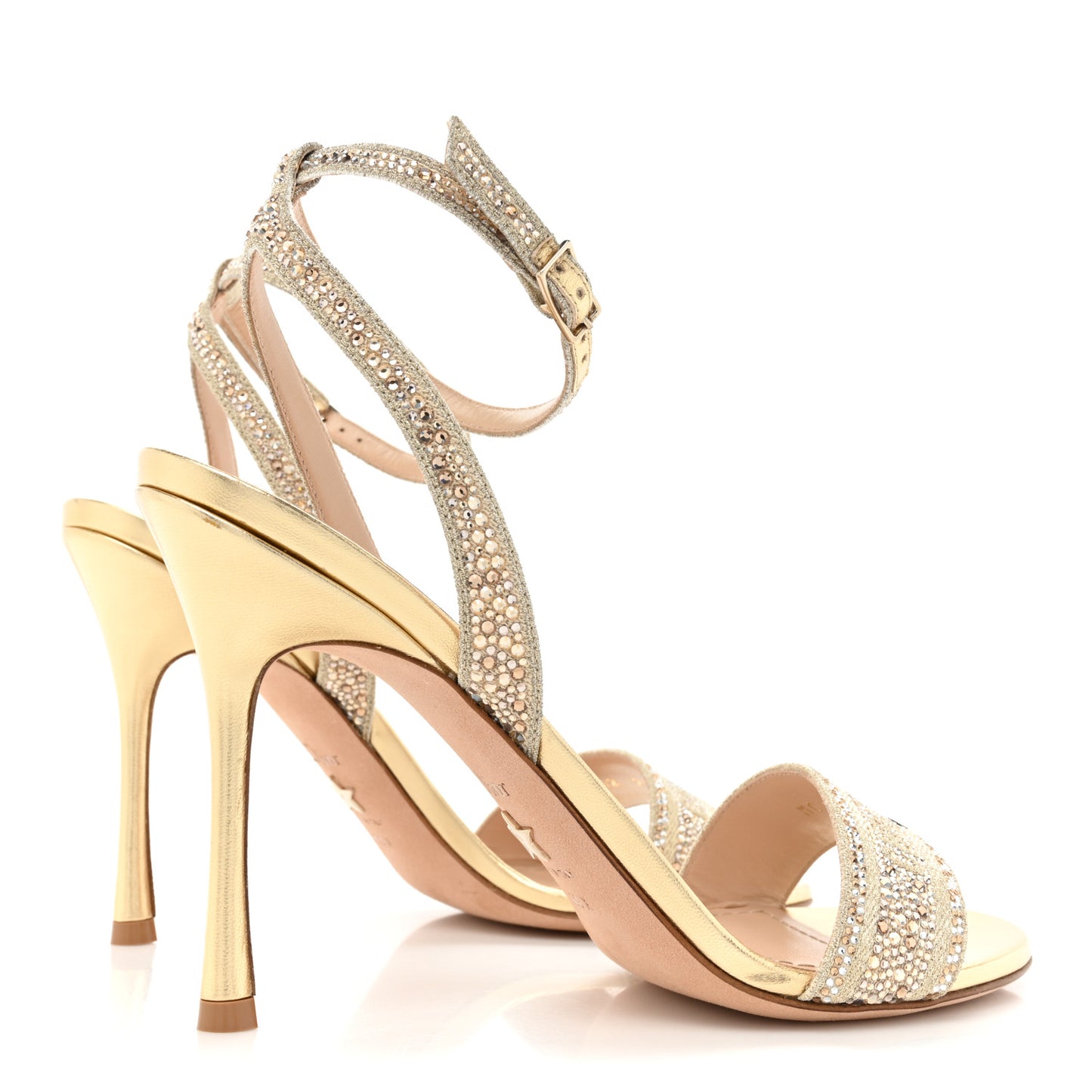 Laminated Calfskin Crystal Embroidered Dway 100mm Sandals 39 Gold