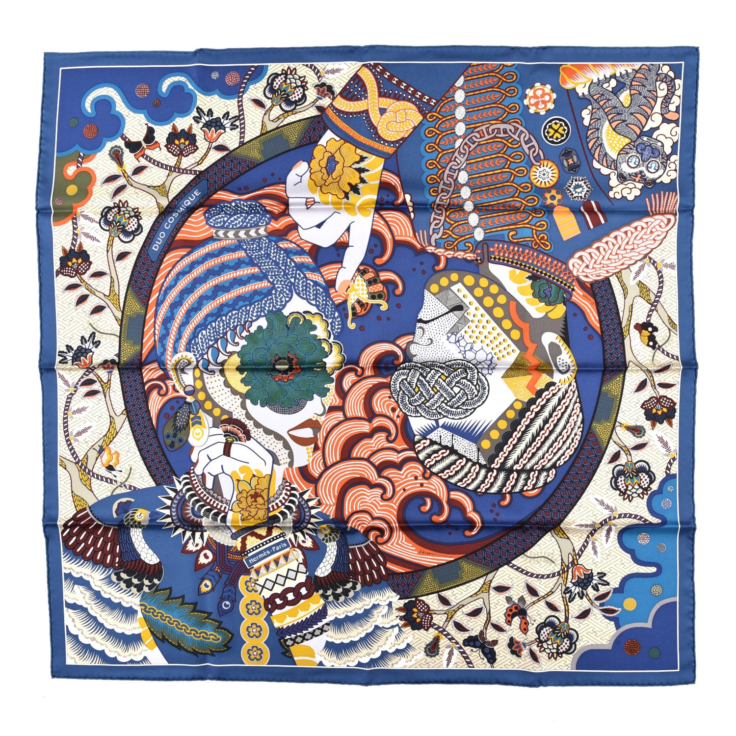 Hermes Silk Twill Duo Cosmique Scarf 90 Bleu Moyen Vert Ocre 1 of 5