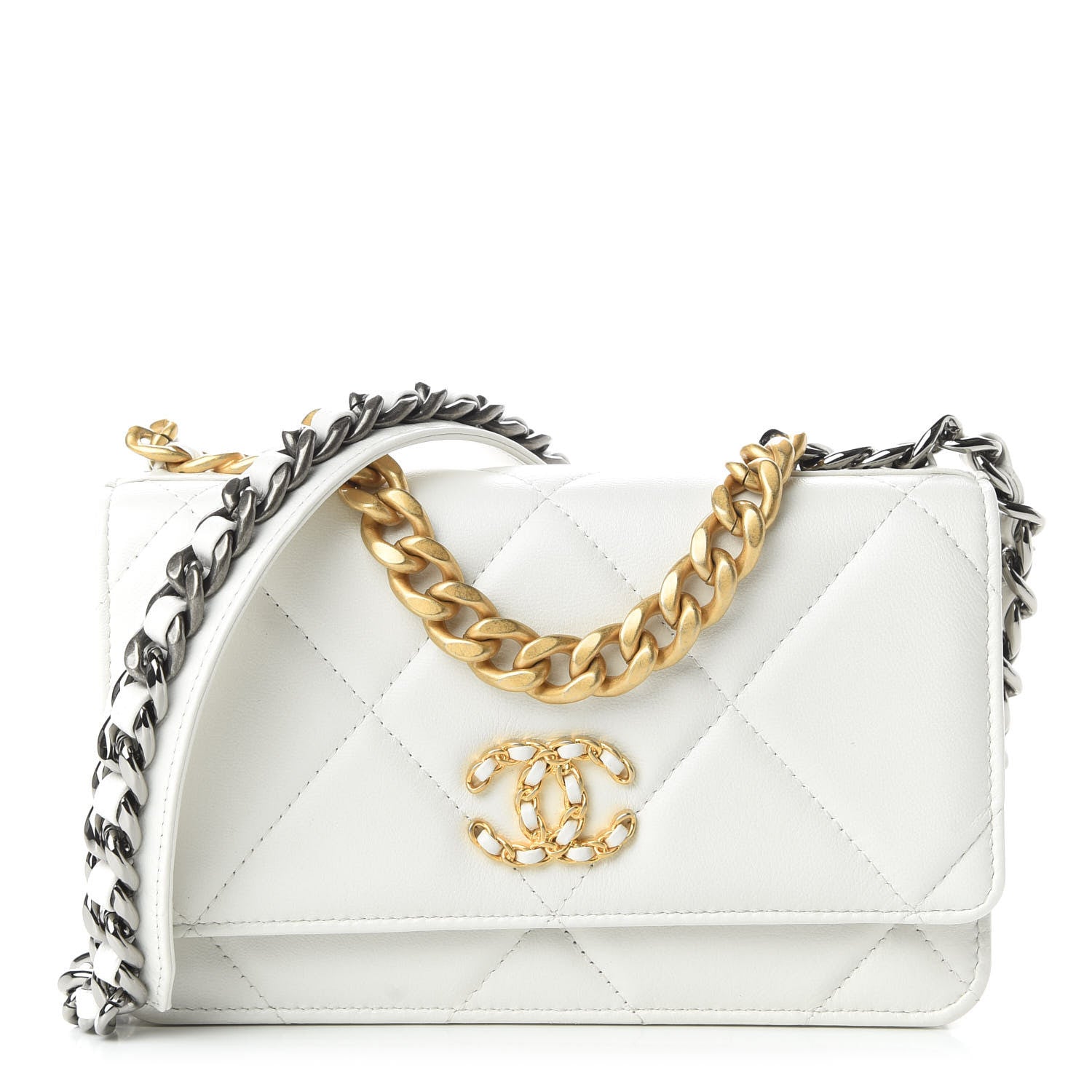 Chanel Shiny Goatskin Quilted 19 Wallet On Chain WOC White 1 of 10