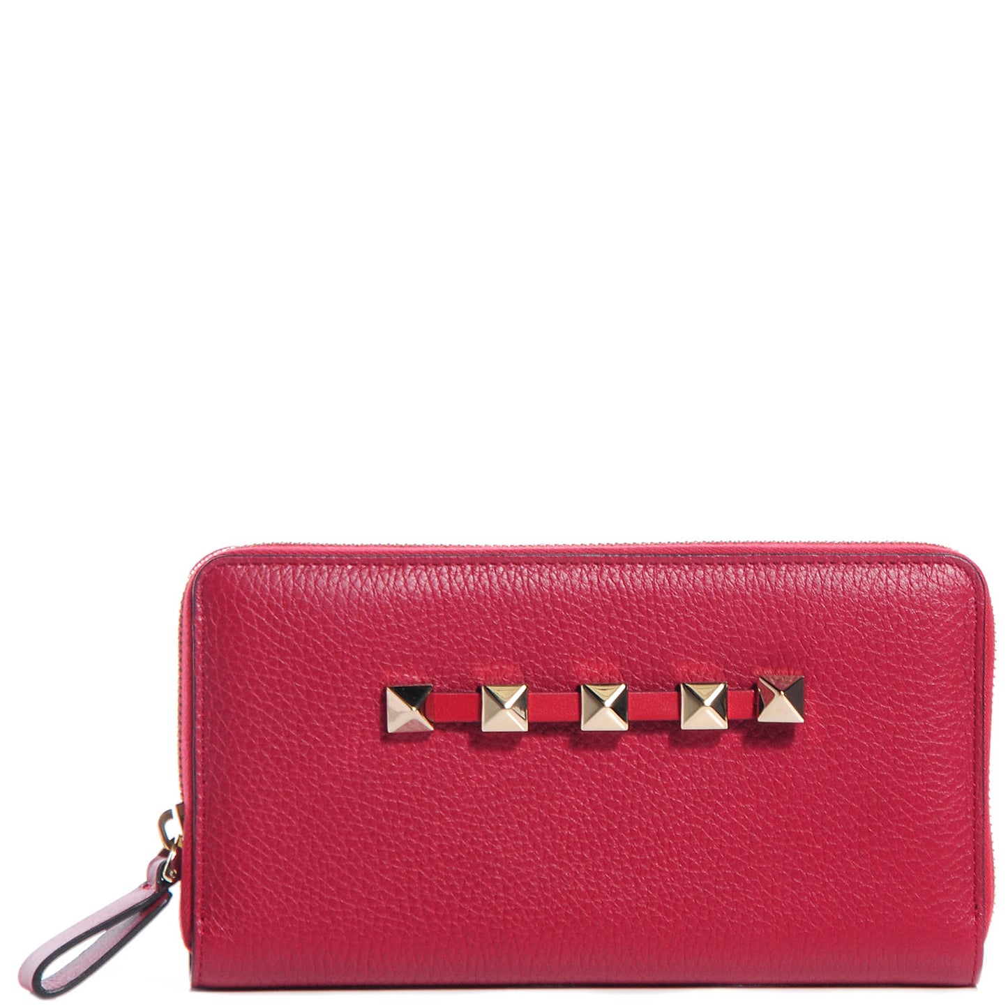 Grained Calfskin Rockstud Zip Around Wallet Scarlet