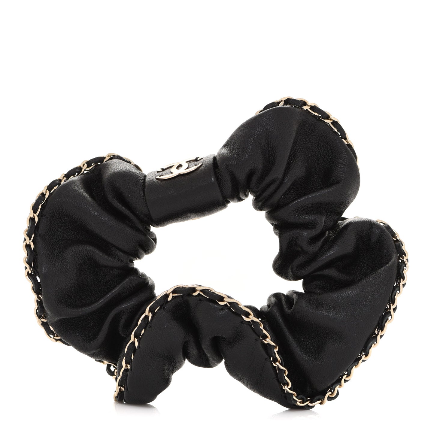 Lambskin Chain CC Hair Scrunchie Black Gold