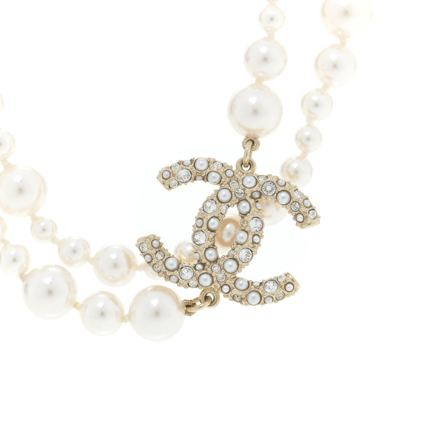 Pearl Crystal Long CC Necklace Gold