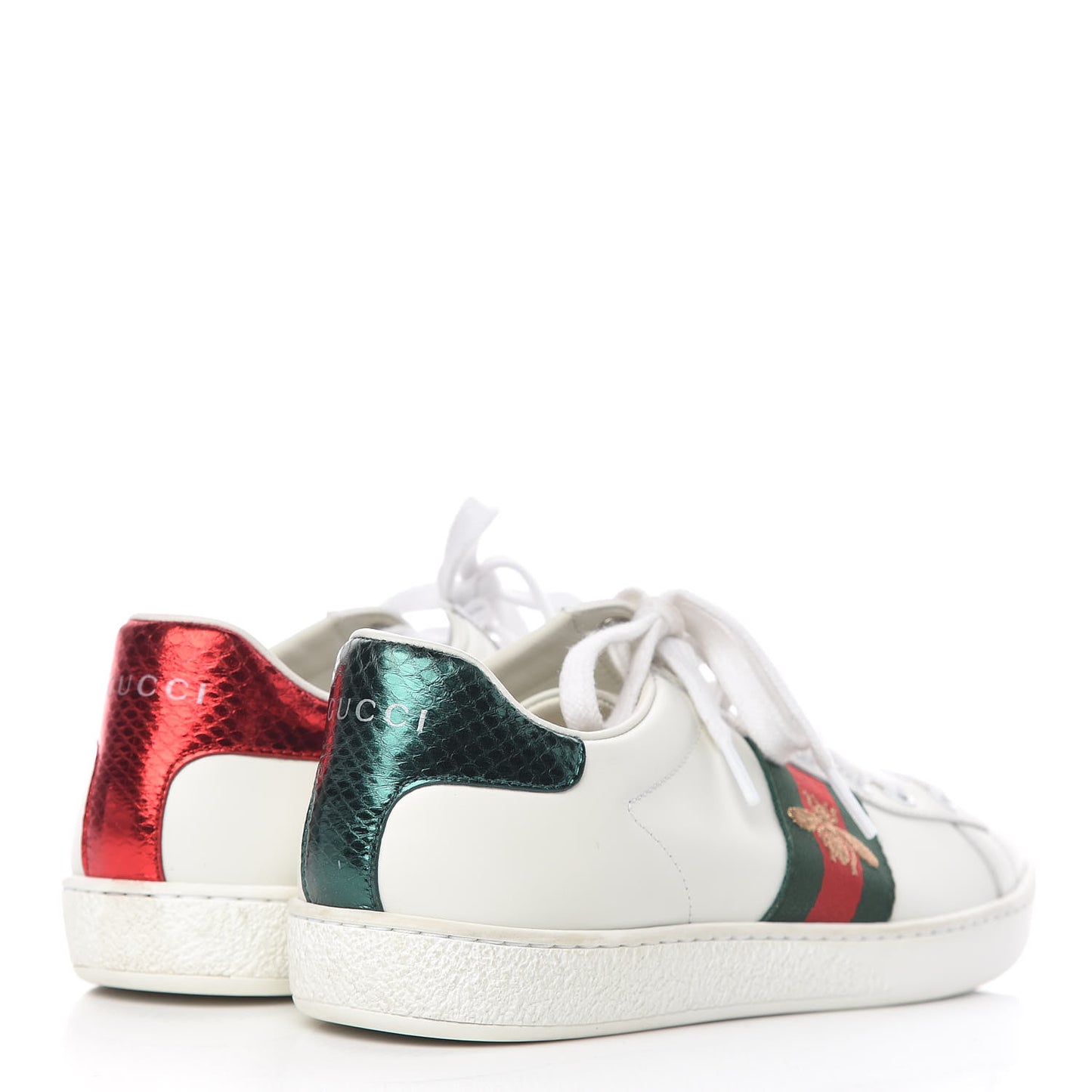 Calfskin Ayers Bee Embroidered Womens Ace Sneakers 37 White Green