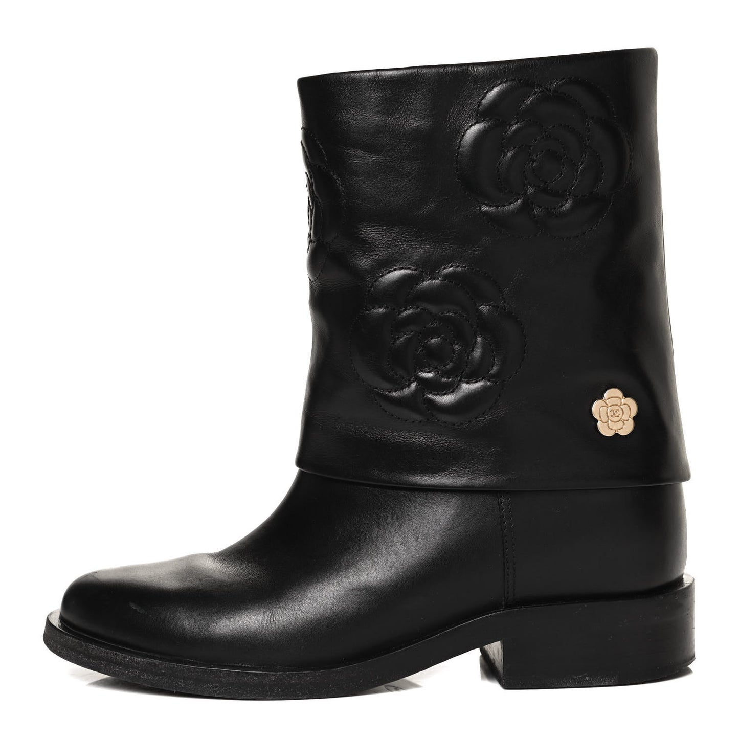 Calfskin Camellia Short Boots 38 Black