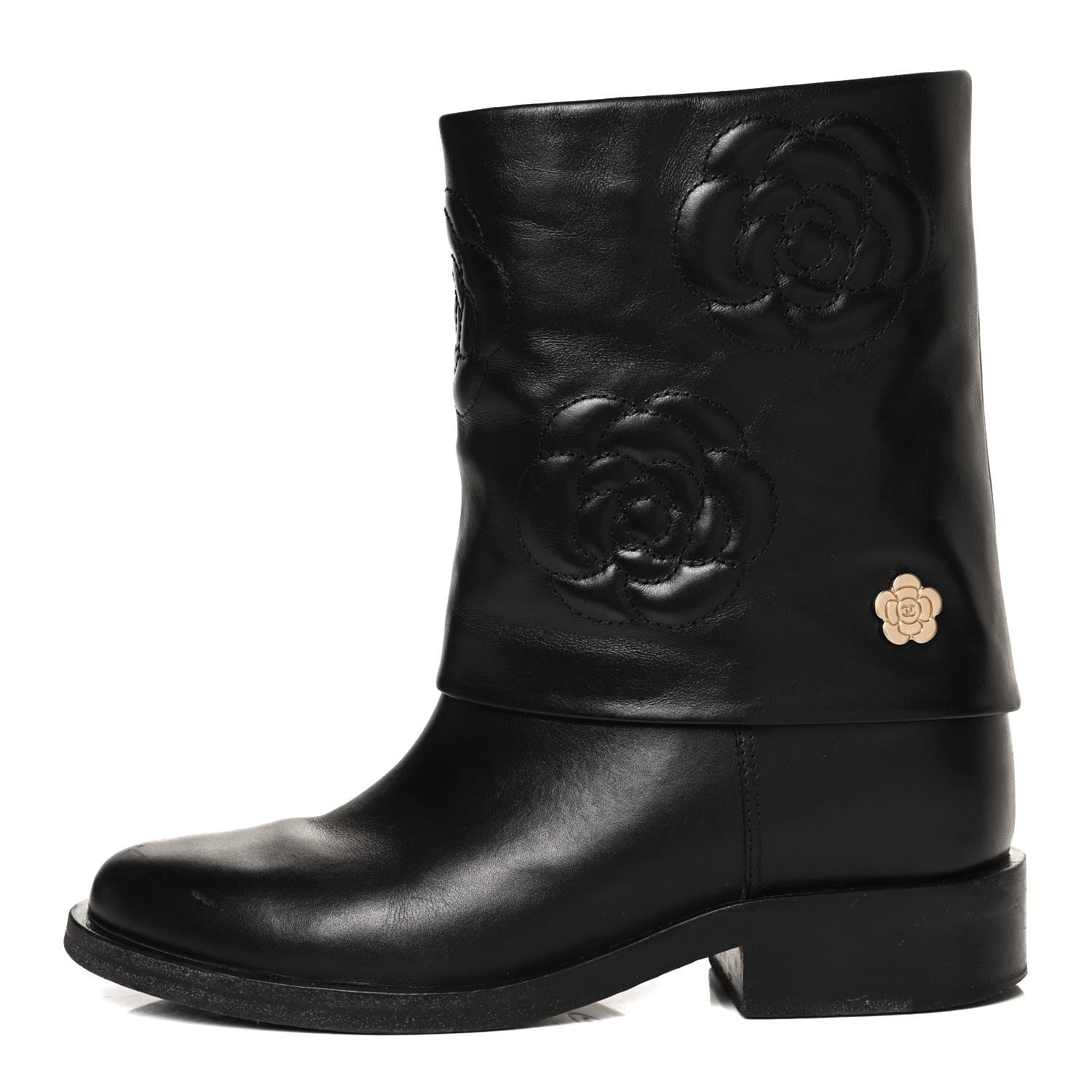 Chanel Calfskin Camellia Short Boots 38 Black 1 of 13