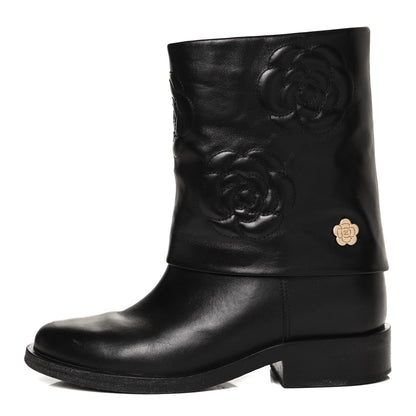Chanel Calfskin Camellia Short Boots 38 Black 1 of 13