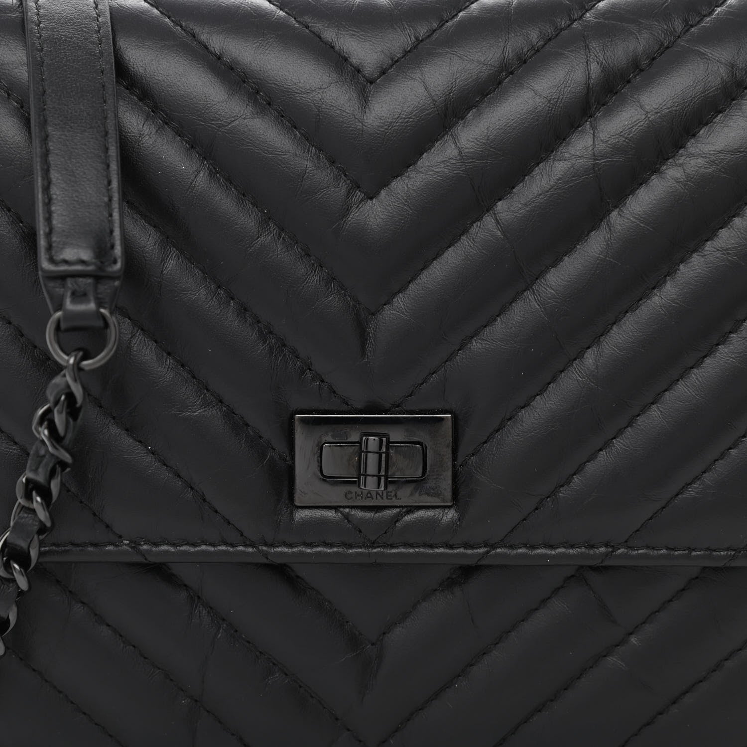 Chanel Aged Calfskin Chevron Quilted Reissue 2.55 Square Wallet On Chain WOC So Black 9 of 11