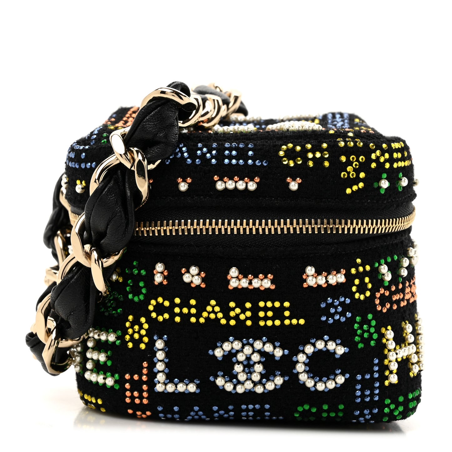Tweed Pearl Studded Vanity Wrist Case With Chain Black Multicolor