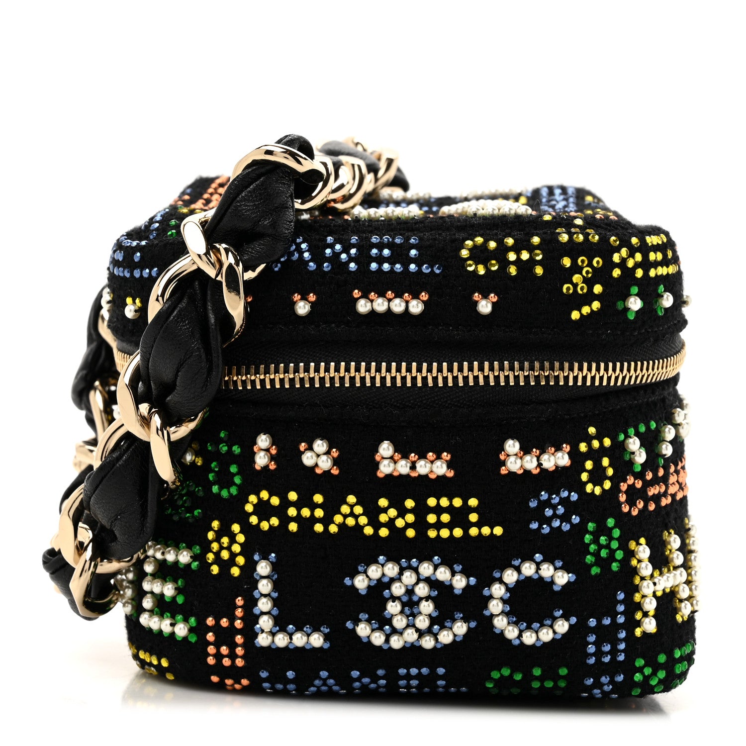 Chanel Tweed Pearl Studded Vanity Wrist Case With Chain Black Multicolor 1 of 11