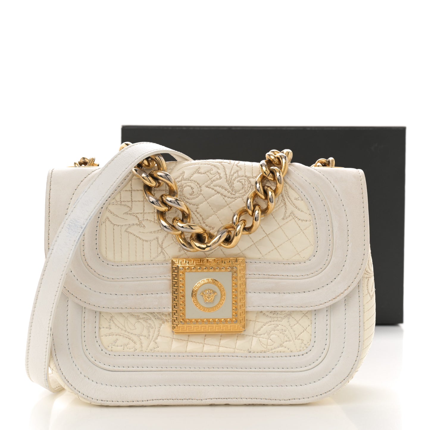 Patent Quilted Medusa Chain Shoulder Bag White
