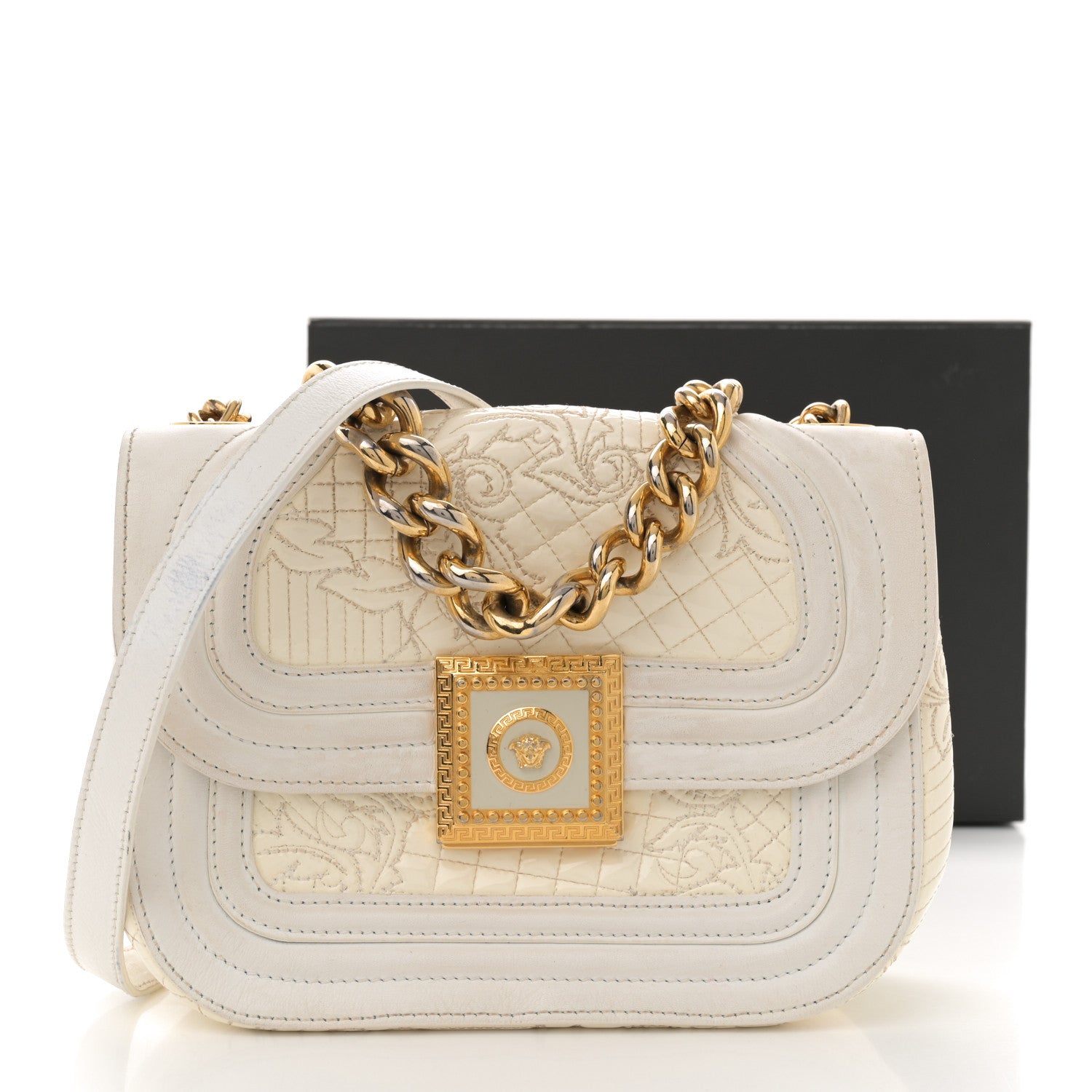Versace Patent Quilted Medusa Chain Shoulder Bag White 17 of 17