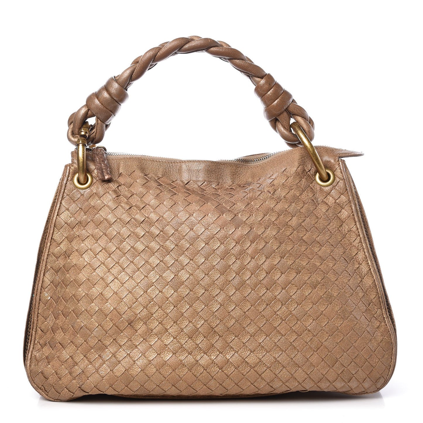 Metallic Goatskin Intrecciato Braided Zip Hobo Gold