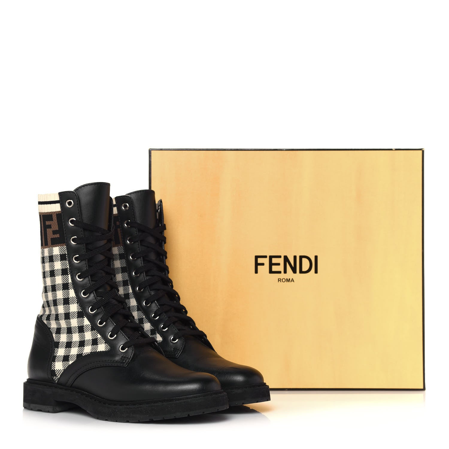 Fendi Vitello Stretch Fabric FF Vichy Rockoko Biker Boots 38.5 Black Crema Tobacco 9 of 9