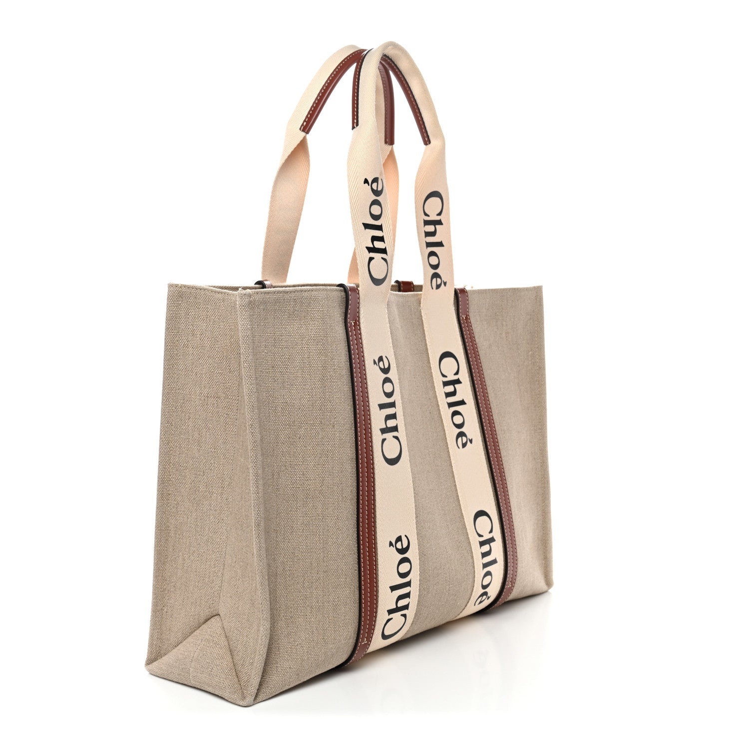 Chloe Cotton Calfskin Large Woody Ribbon Tote White Brown 3 of 10