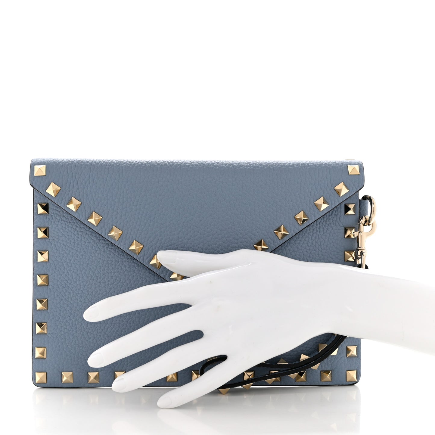 Pebbled Calfskin Medium Rockstud Envelope Flat Wristlet Pouch Atlantique