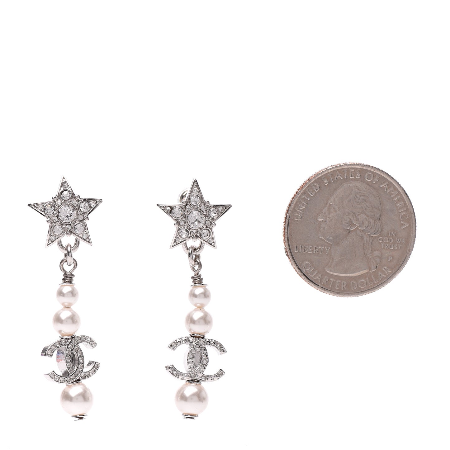 Crystal Pearl CC Star Drop Earrings Silver