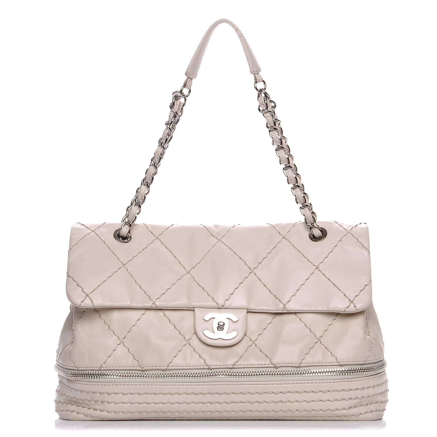 Calfskin Stitched Large Expandable Flap Bag White