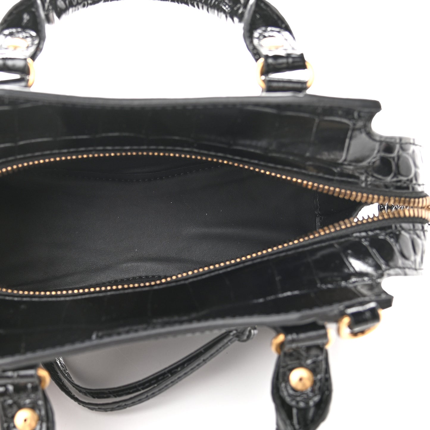 Shiny Supple Calfskin Crocodile Embossed Neo Classic Gold Hardware Mini City Black