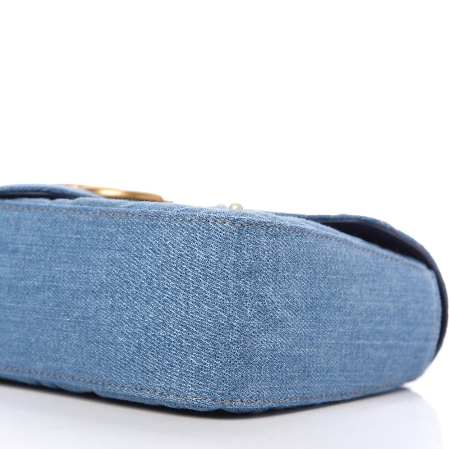 Denim Matelasse Pearl Studded Small GG Marmont Shoulder Bag Blue