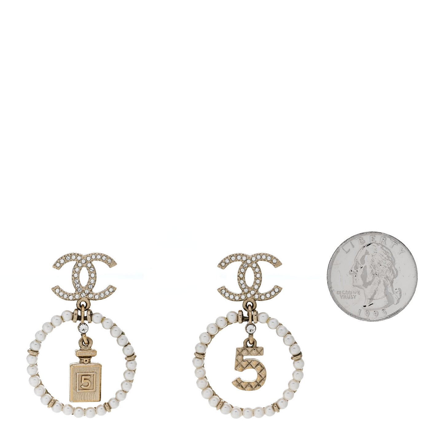 Crystal Pearl Chanel Charms CC Drop Earrings Gold