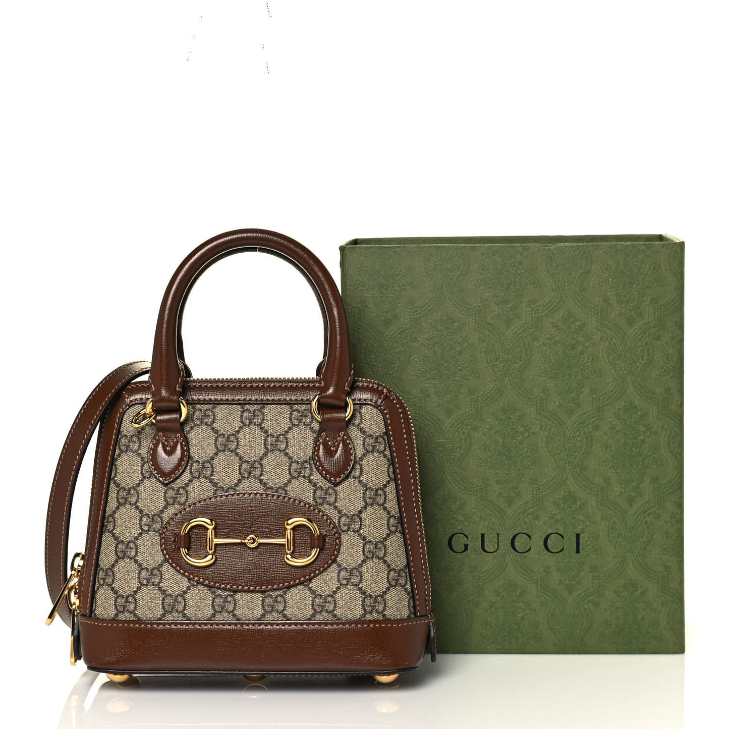 GG Supreme Monogram Azalea Calfskin Mini Horsebit 1955 Top Handle Bag Beige Ebony Brown Sugar