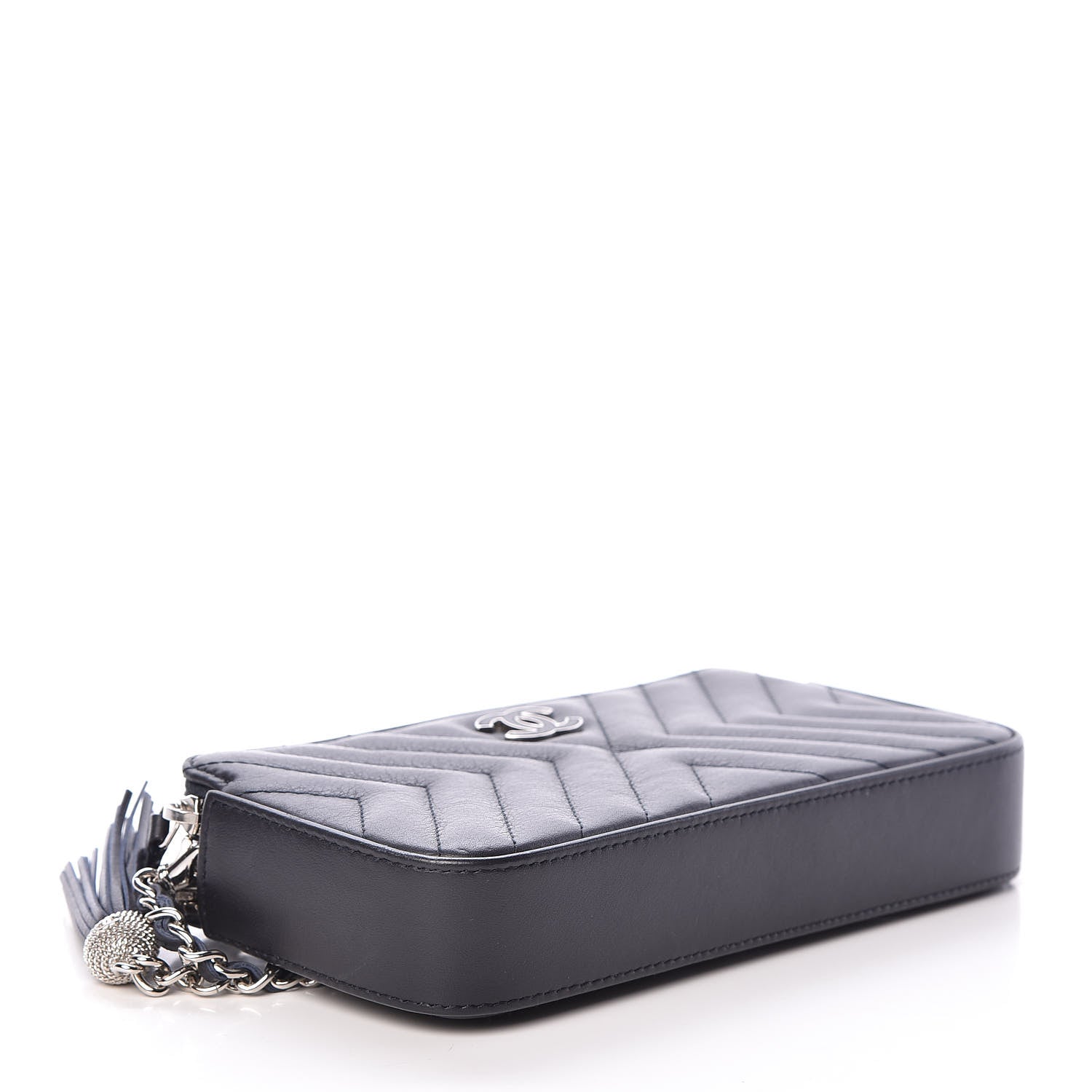 Chanel Calfskin Chevron Quilted Tassel Clutch With Chain Navy 4 of 13