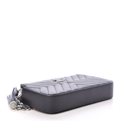 Chanel Calfskin Chevron Quilted Tassel Clutch With Chain Navy 4 of 13