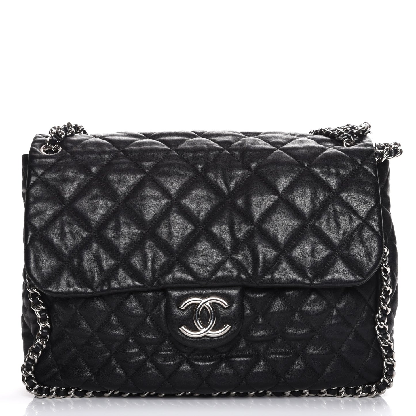 Washed Lambskin Quilted Maxi Chain Around Flap Black