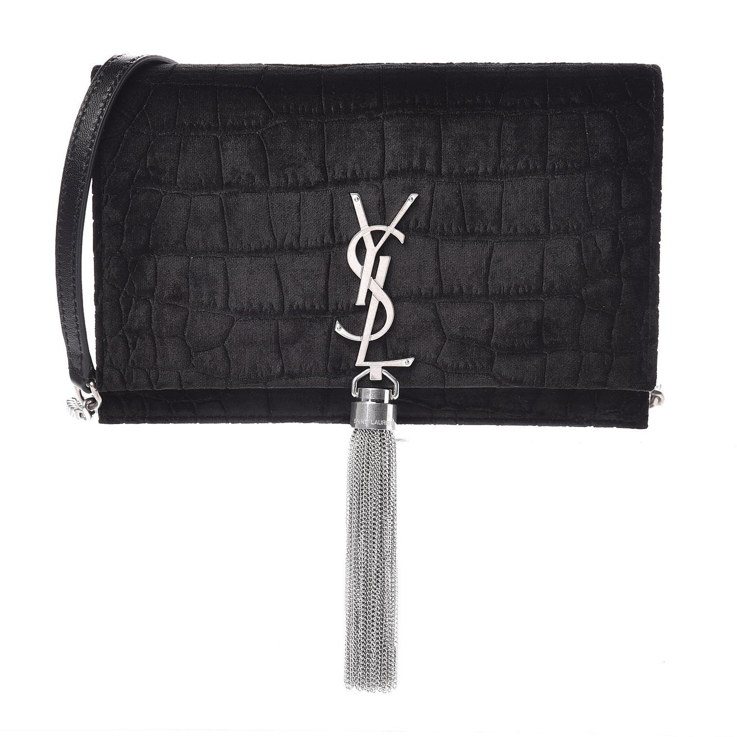 Suede Crocodile Embossed Monogram Tassel Chain Wallet Black Silver
