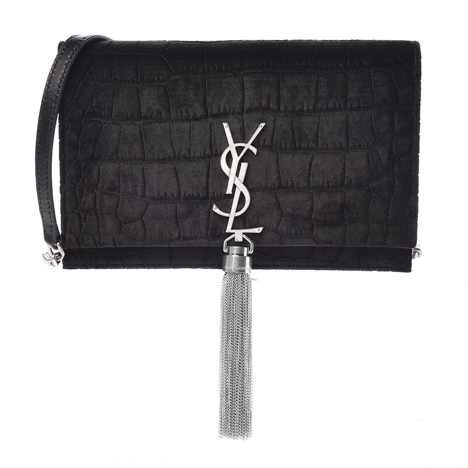 Saint Laurent Suede Crocodile Embossed Monogram Tassel Chain Wallet Black Silver 1 of 8