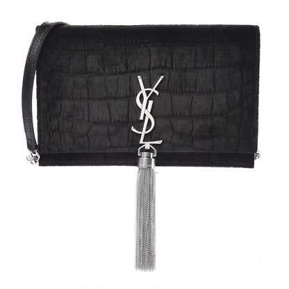 Saint Laurent Suede Crocodile Embossed Monogram Tassel Chain Wallet Black Silver 1 of 8