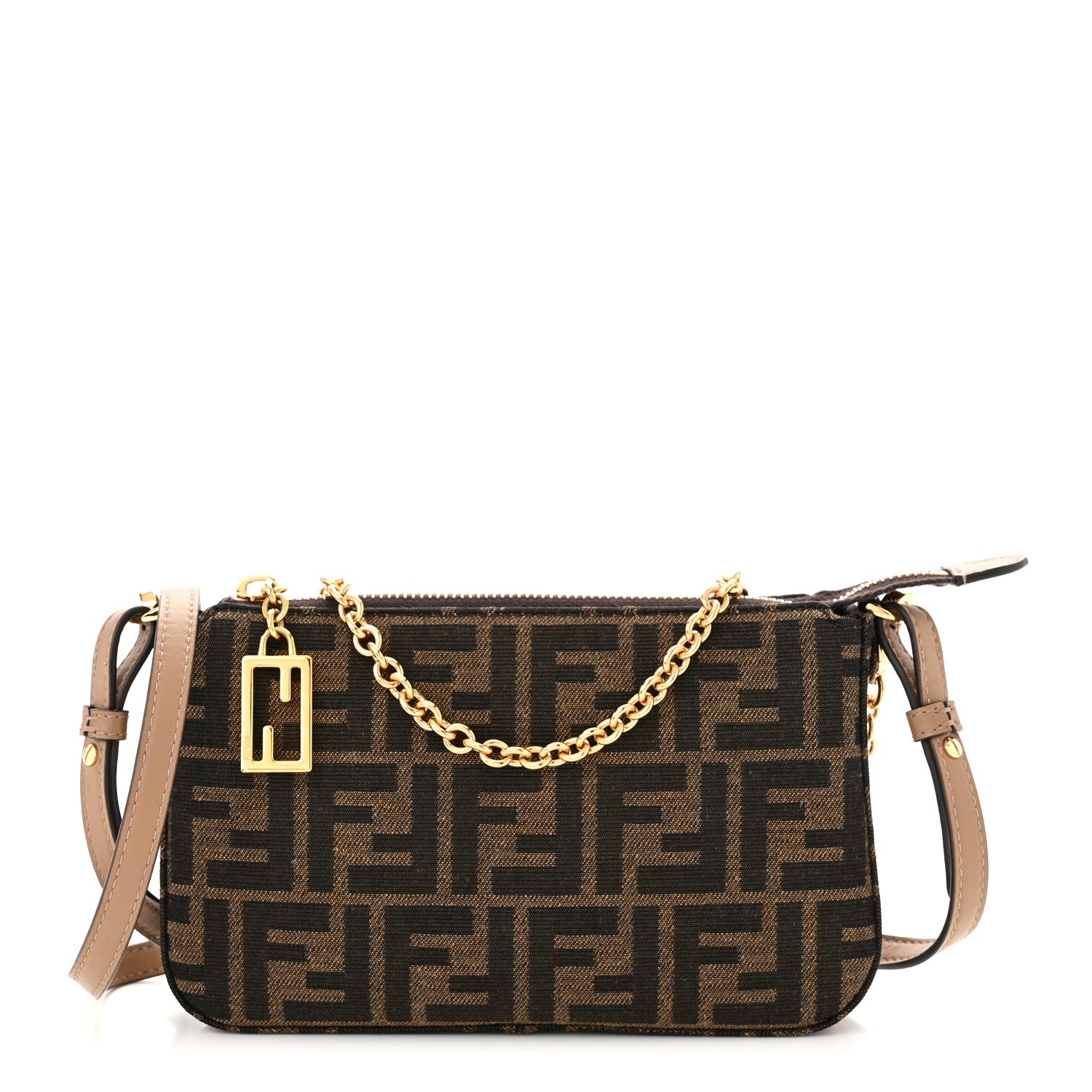 Fendi Fabric Jacquard Vitello Grace FF 1974 Baguette Pouch Tobacco Moro Sand 1 of 12