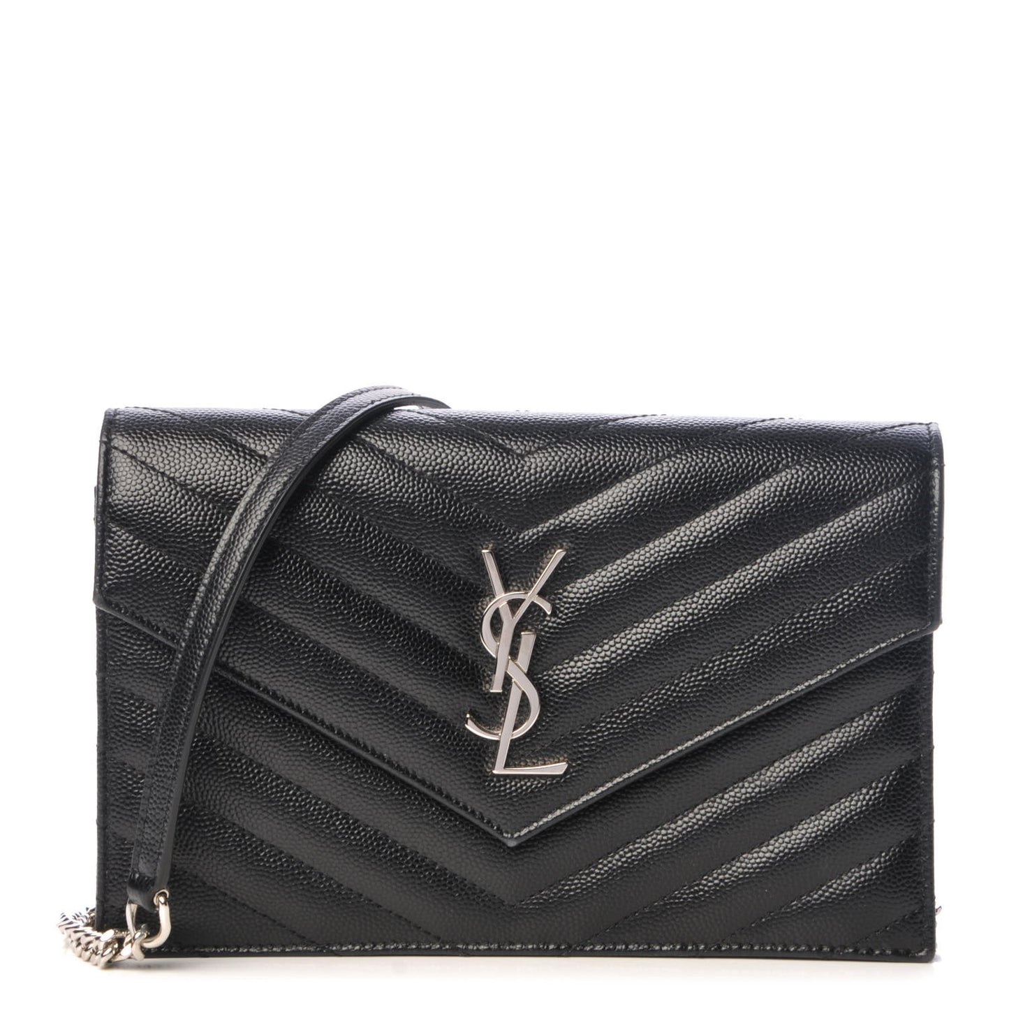 Grain De Poudre Matelasse Chevron Monogram Envelope Chain Wallet Black