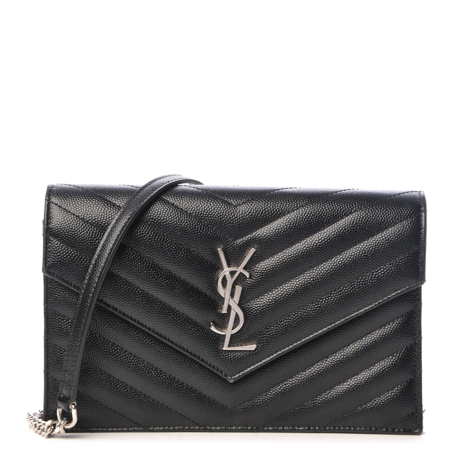 Saint Laurent Grain De Poudre Matelasse Chevron Monogram Envelope Chain Wallet Black 1 of 8