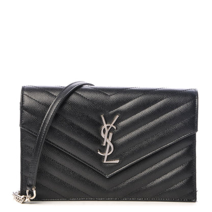 Saint Laurent Grain De Poudre Matelasse Chevron Monogram Envelope Chain Wallet Black 1 of 8