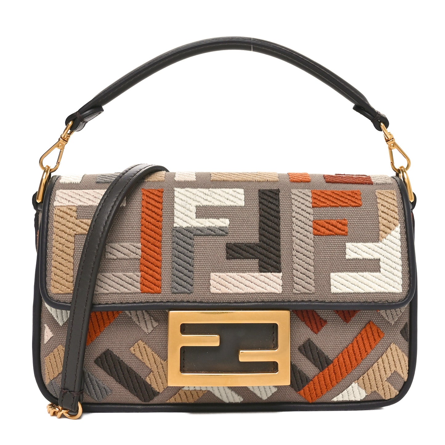 Canvas Vitello King Seta FF Embroidered Mini Baguette Tartufo Ebano Multicolor
