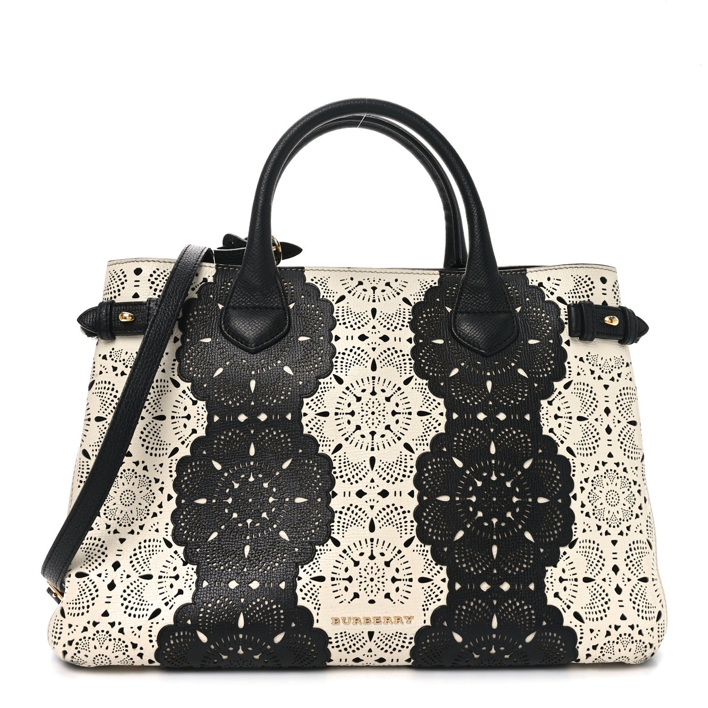 Grainy Calfskin Perforated Medium Broguing Banner Tote White Black