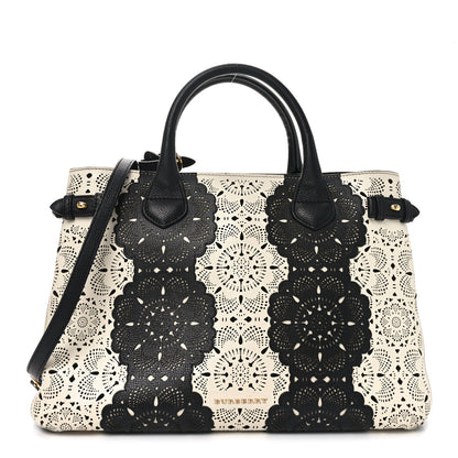 Burberry Grainy Calfskin Perforated Medium Broguing Banner Tote White Black 1 of 10