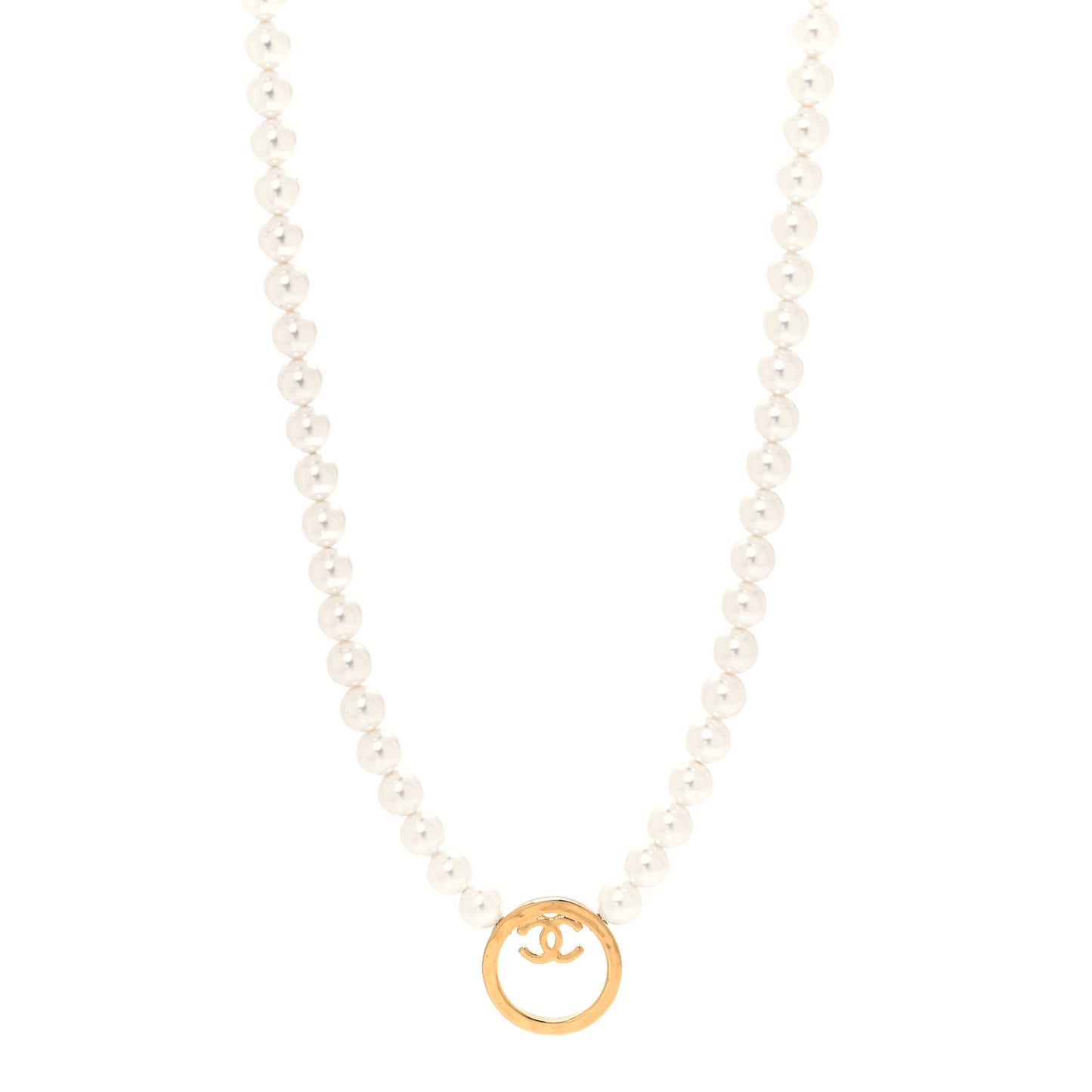 Pearl CC Round Long Necklace Gold White