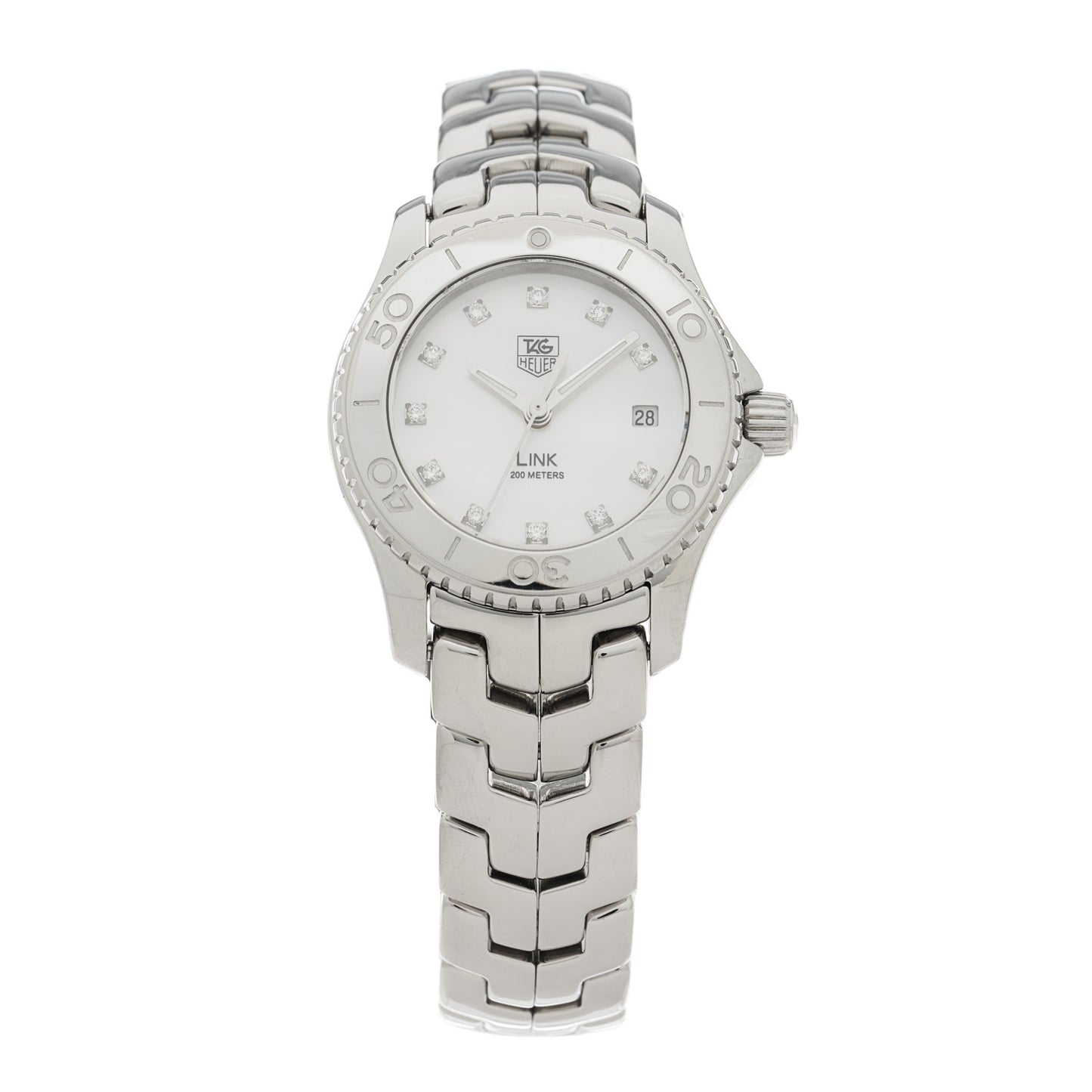 Stainless Steel Diamond Mother of Pearl 27mm Link Quartz Watch WJ1319