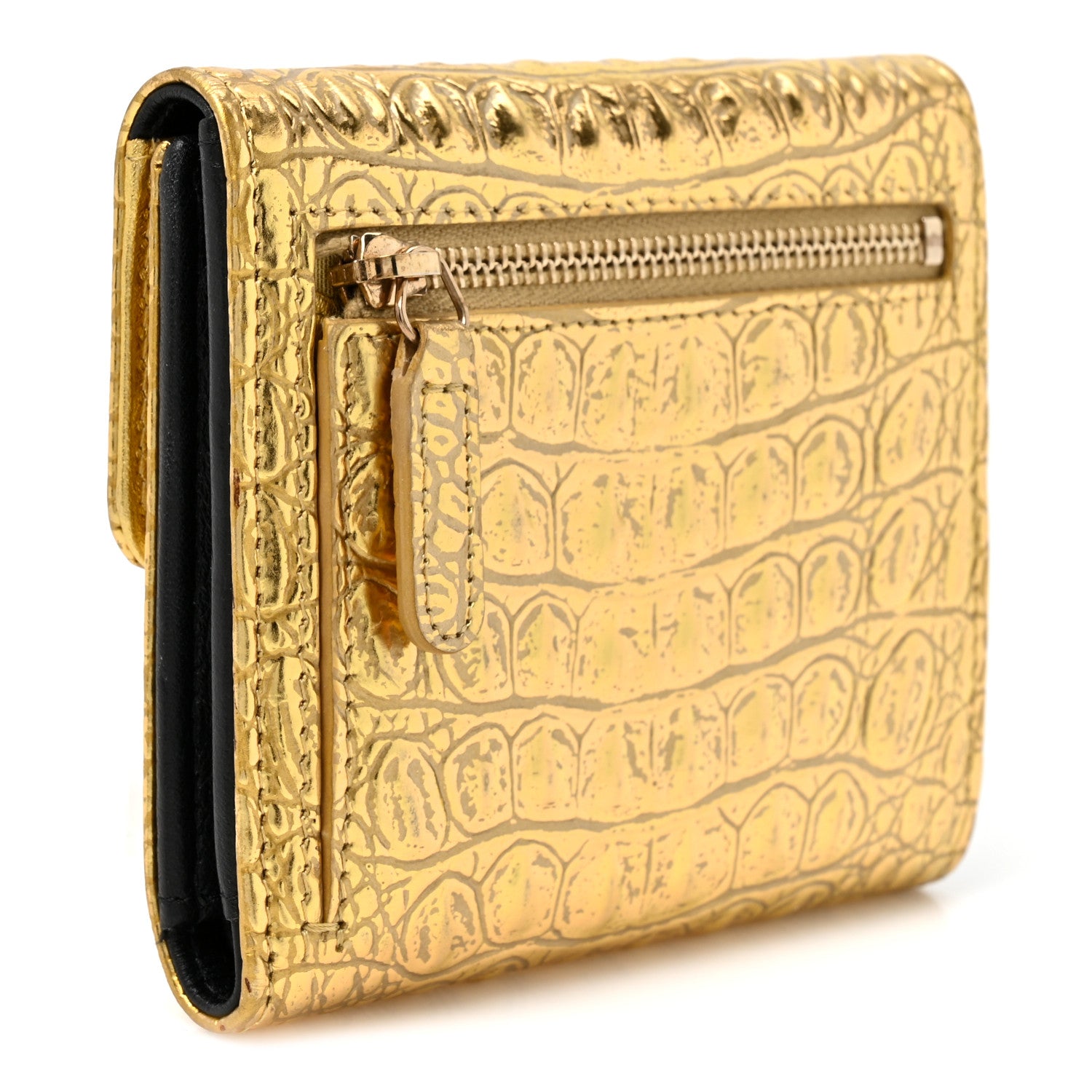 Chanel Metallic Calfskin Crocodile Embossed Cocodile Compact Flap Wallet  Gold 3 of 8